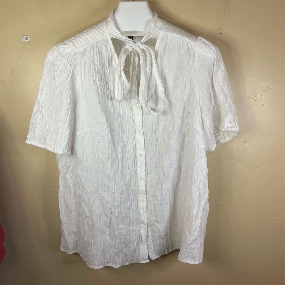 Lane Bryant Women's White Button-Up Blouse Plus Size 18 Tie Neck Short Sleeve
